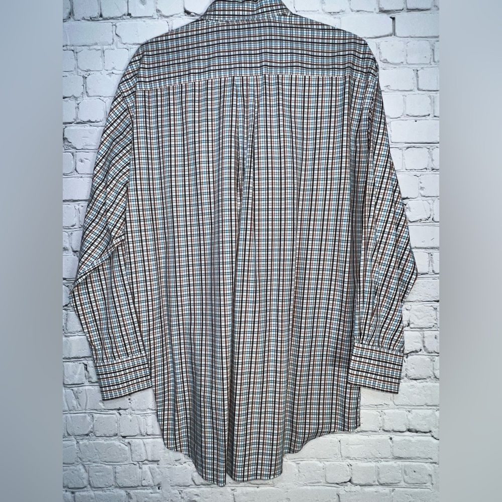Peter Millar 100%‎ Cotton Brown Blue Plaid Long Sleeve Button Down Shirt Large - Picture 4 of 5